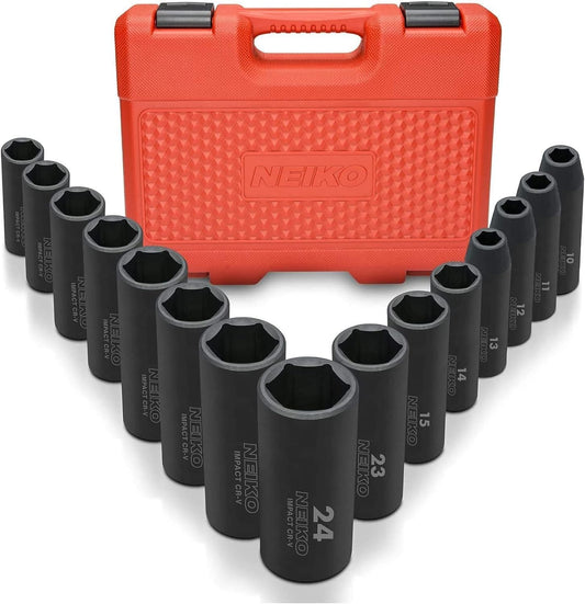 02474A 1/2" Drive Deep Impact Socket Set | 15 Piece | Deep Socket Kit | 6 Point Metric Sizes (10-24 Mm) | Cr-V Steel